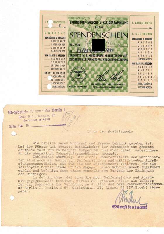 Spendenschein Urkunden 1940 - 1944 Dokument 2 Wk