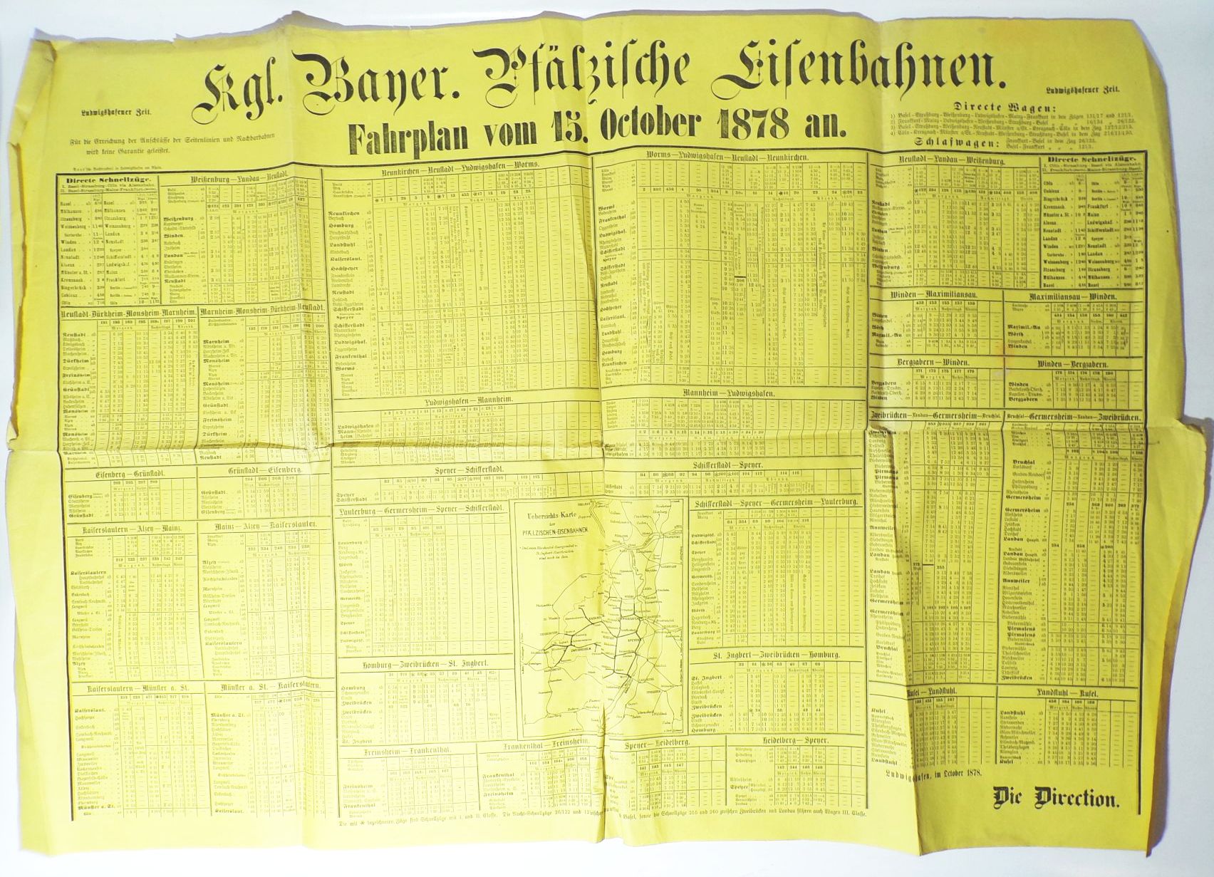 Fahrplan 1878 kgl bayerische pfälzische Eisebahn Original
