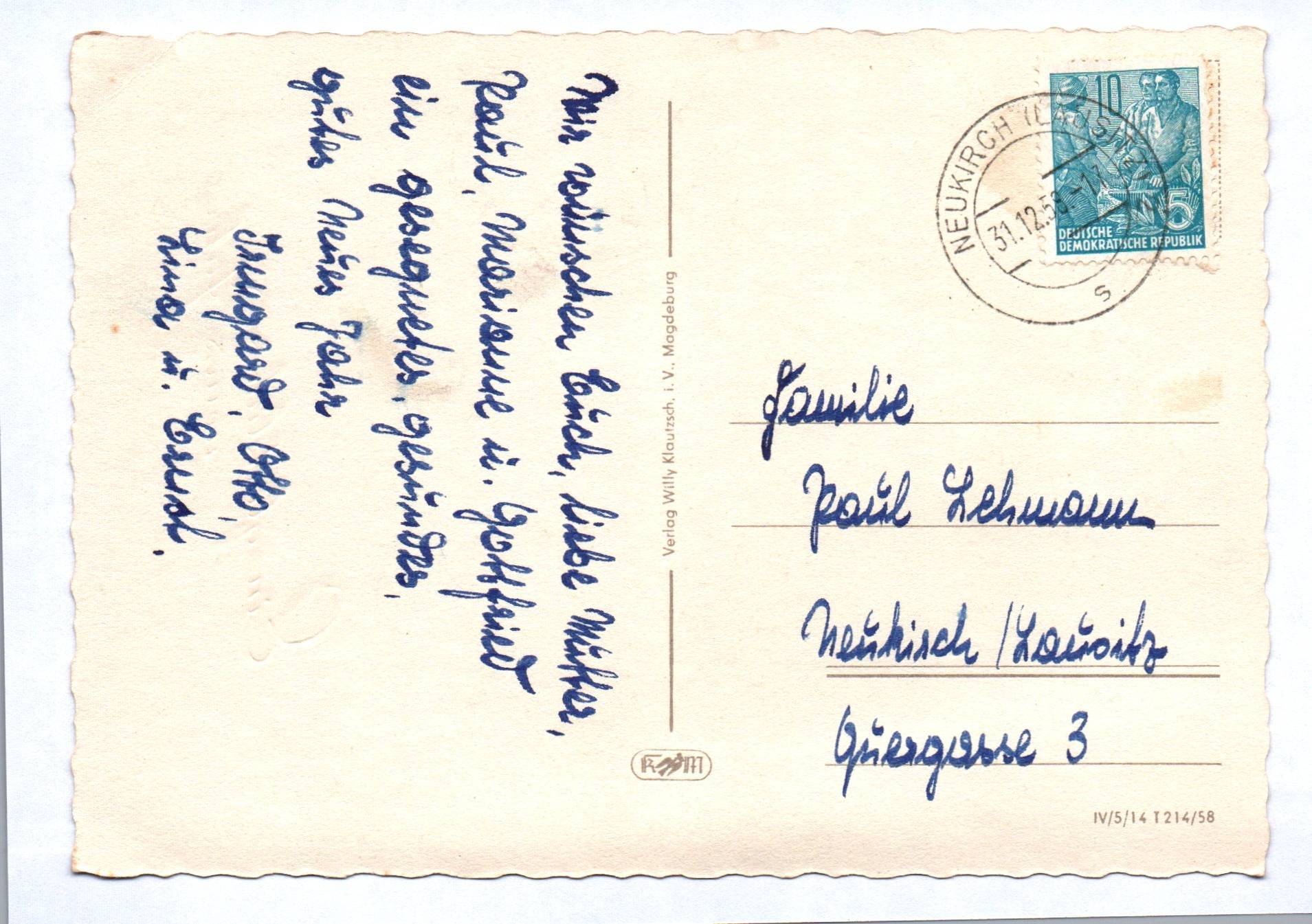 Künstler Ak Schneemann und Frau mit Haus Neujahr 1958 DDR Postkarte