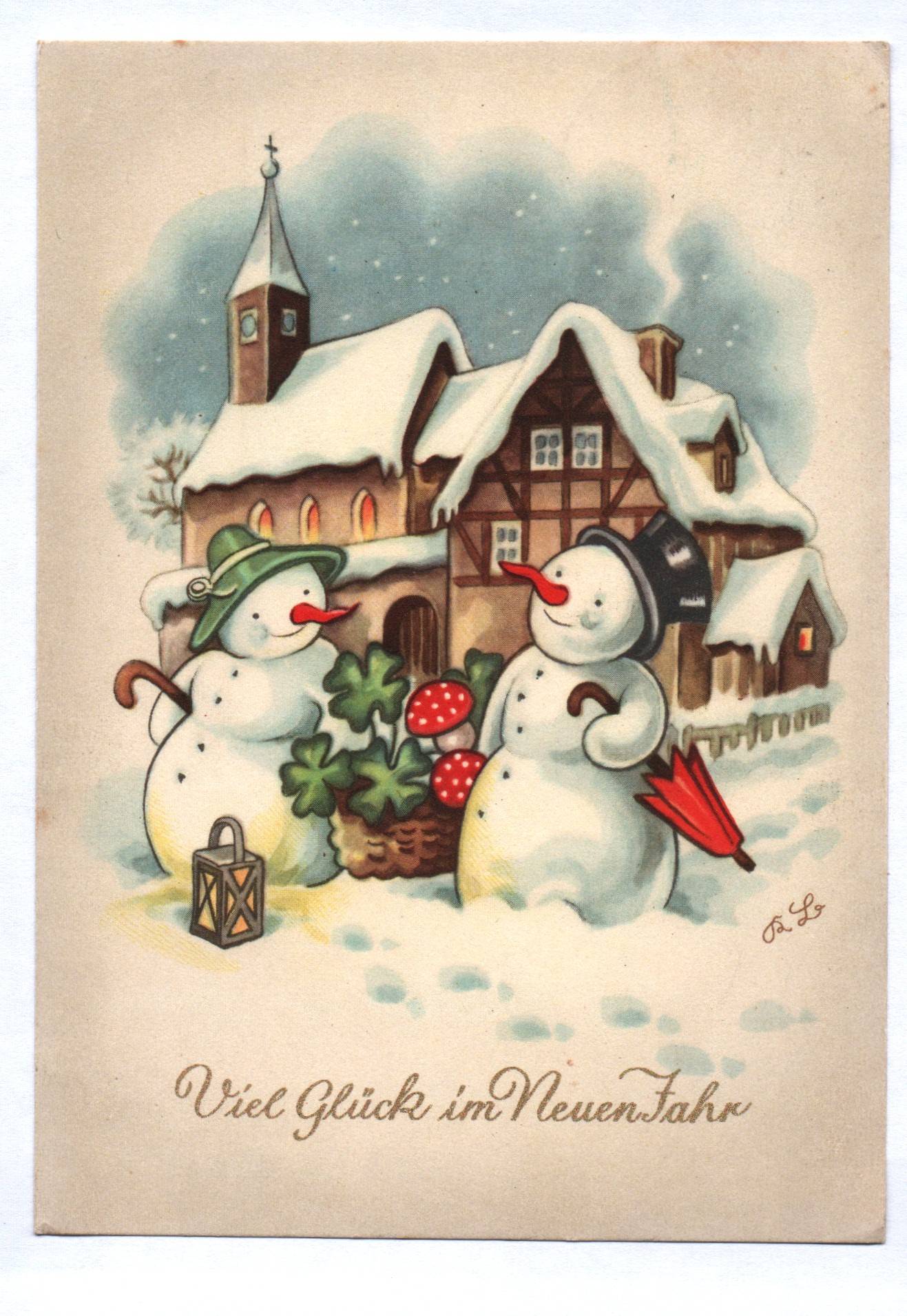 Künstler Ak vermenschlichte Schneemänner K L Signiert Neujahr 1959