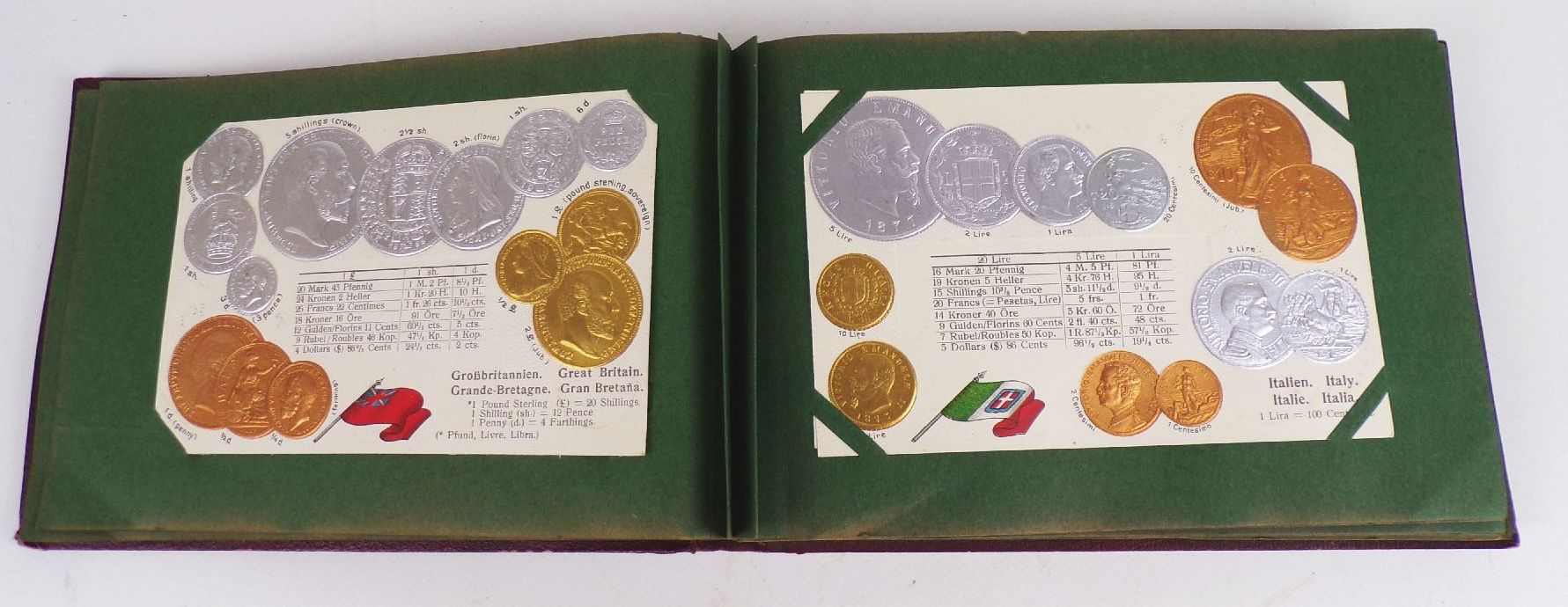 Geldsorten aller Länder Postkartenalbum Geld Münz Ansichtskarten um 1910 Rarität 45 Präge Ansichtskarten