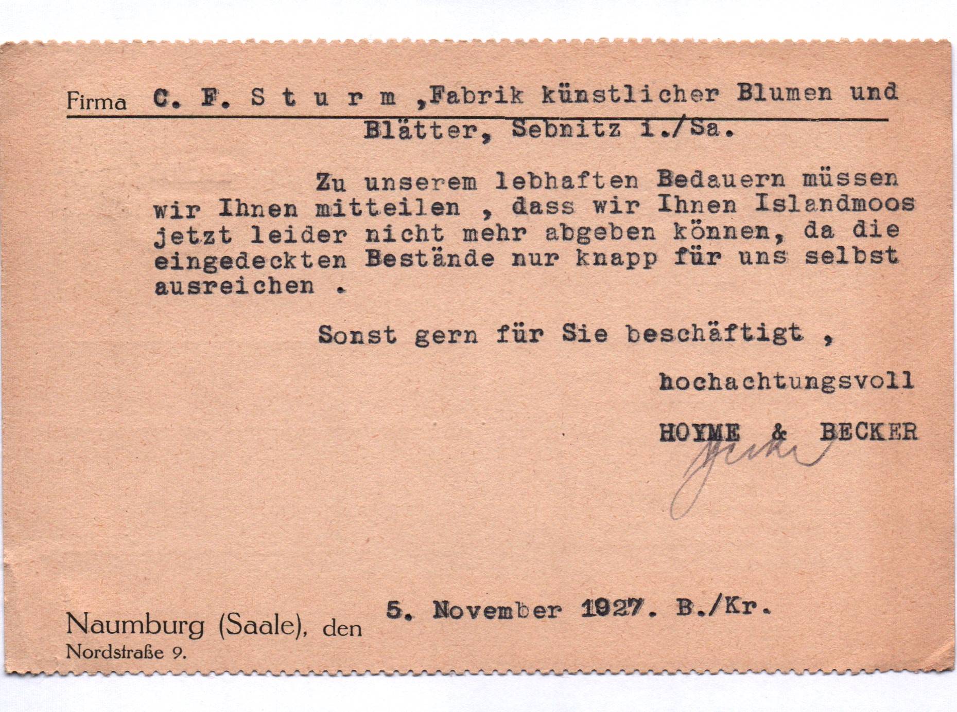 Postkarte Hoyme & Becker Naumburg Saale Gartenbaubetrieb 1927 Postkarte Hoyme & Becker Naumburg Saale Gartenbaubetrieb 1927