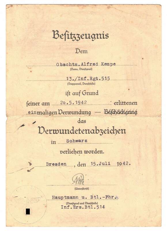 Besitzzeugnis Verwundetenabzeichen IR 515 Schwarz 1942 Dresden 2 Weltkrieg Urkunde 