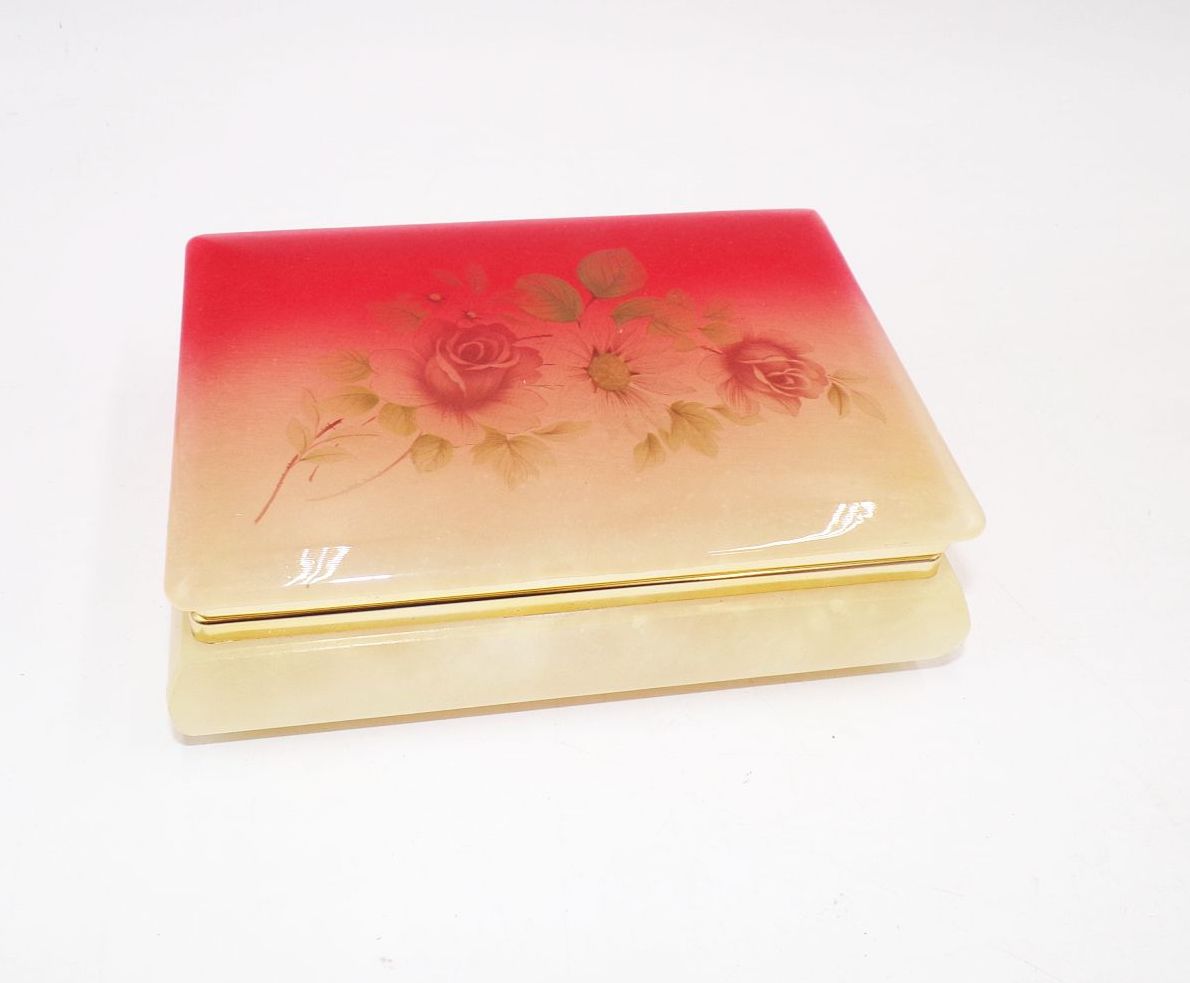 Alte Dose Alabaster Rosen Motiv Schmuckschatulle Box Deko 