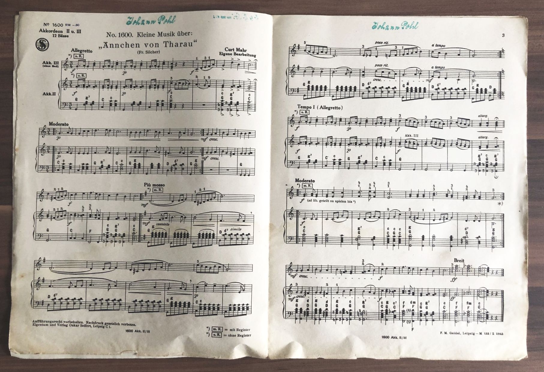 Seiferts Akkordeon Musik Ännchen von Tharau Liedtext Noten