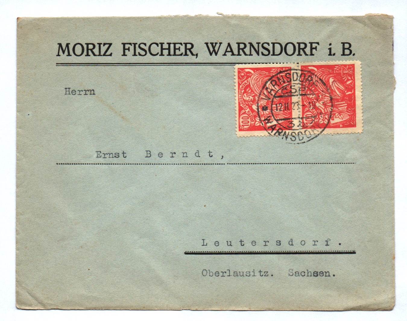 Brief Moriz Fischer Warnsdorf i B 1923 an Ernst Berndt