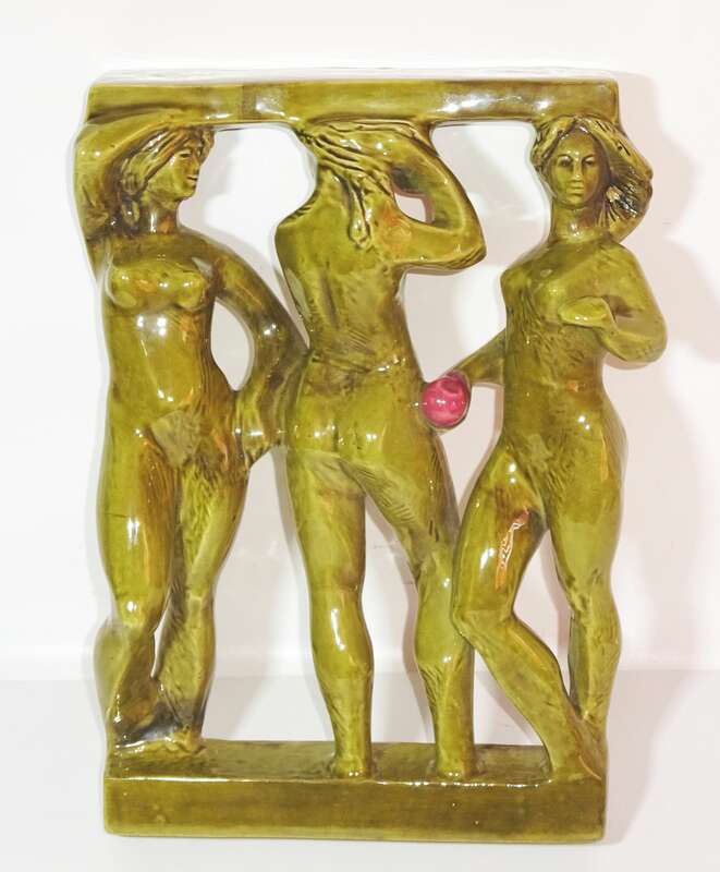 Alte Keramik Figur Die drei Grazien Zdenek Farnik 1960er Mid Century Wandrelief nummiert