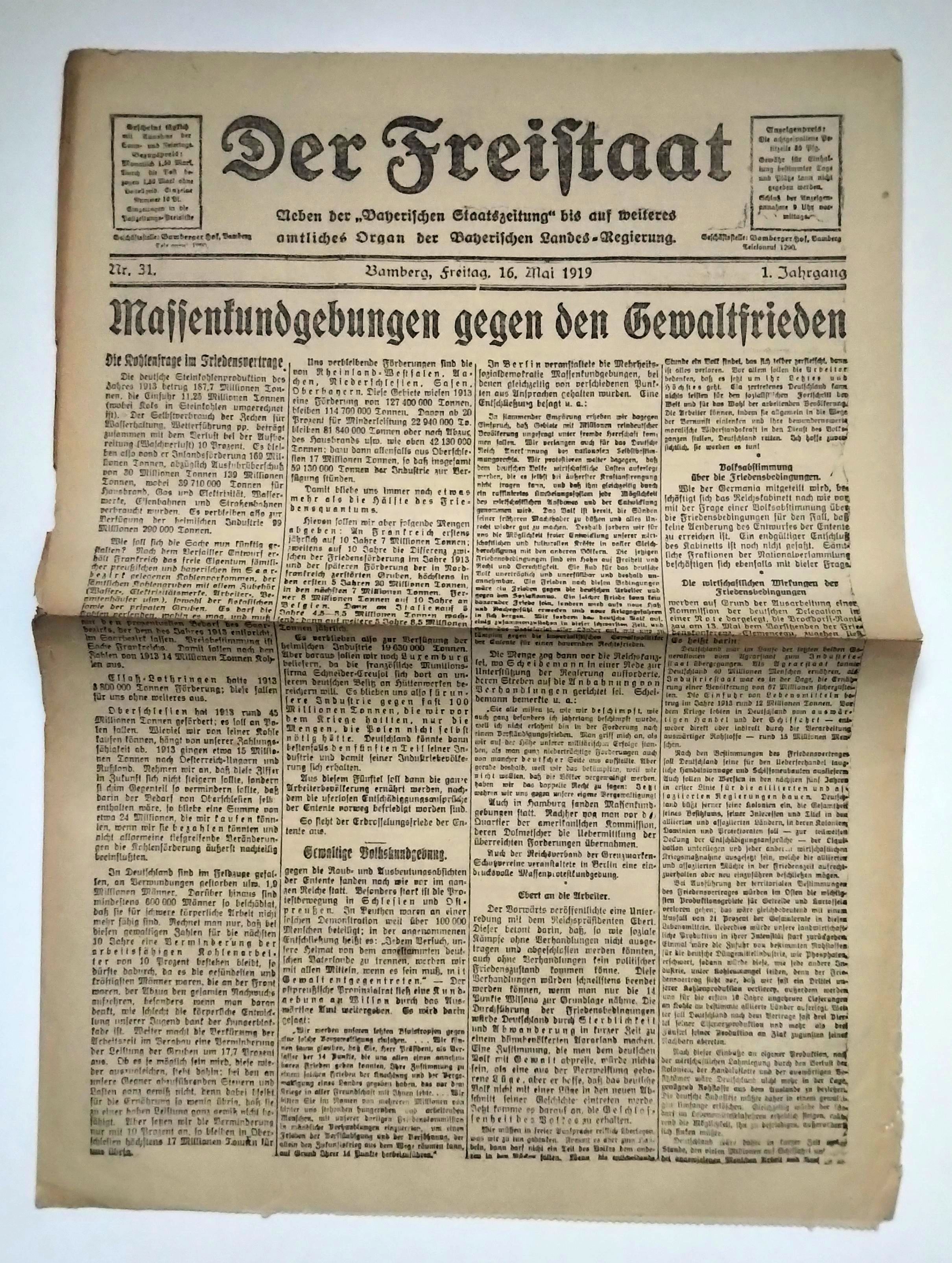 Der Freistaat Zeitung 1919 Nr 31 Waffenkundgebungen gegen den Gewaltfrieden Der Freistaat Zeitung 1919 Nr 31 Waffenkundgebungen gegen den Gewaltfrieden
