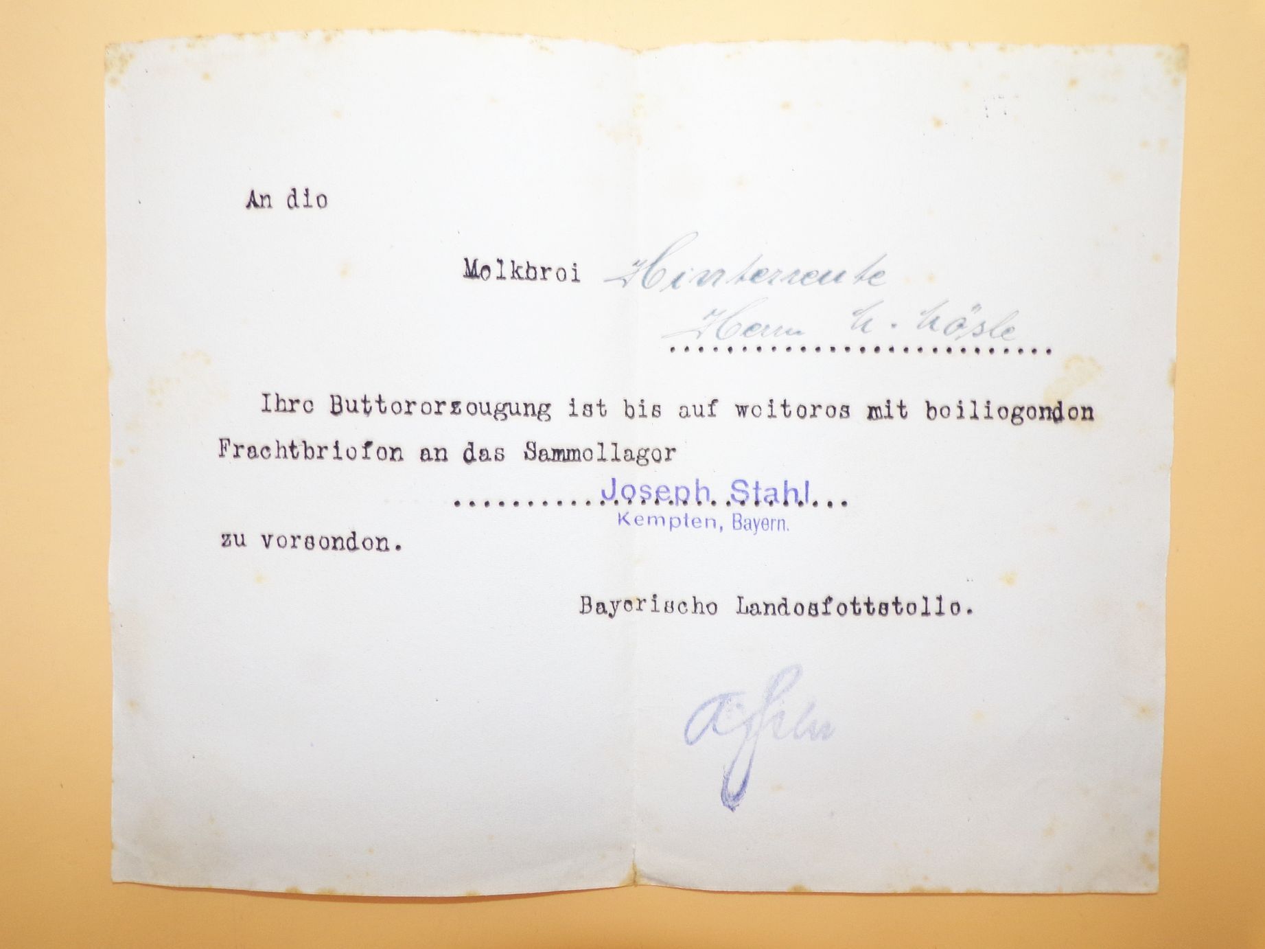 Konvolut Dokumente Milchwirtschaft Käse Versorgung 1 Wk Bayern