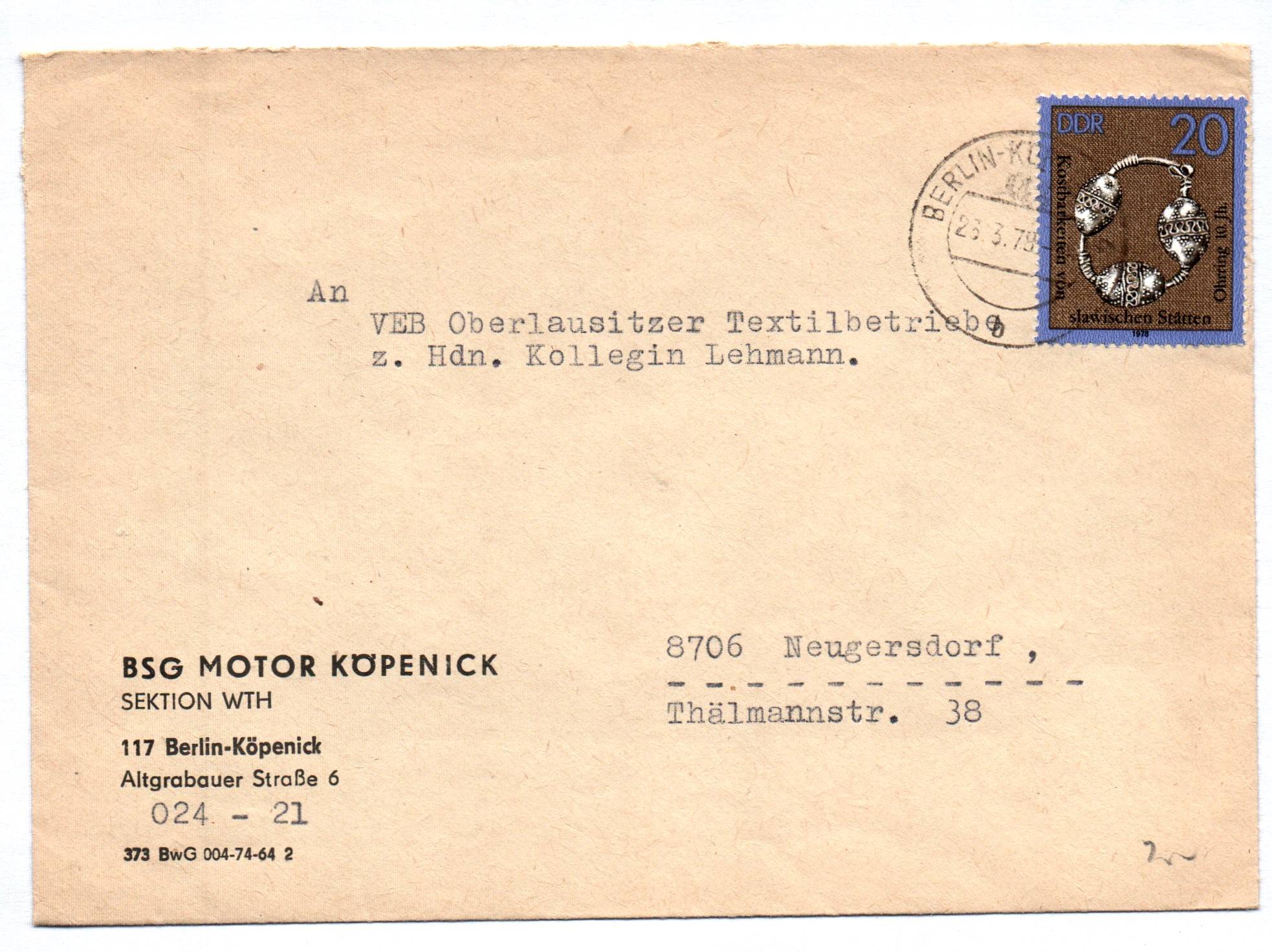 Brief BSG Motor Köpenick 1979 DDR Berlin Brief BSG Motor Köpenick 1979 DDR Berlin