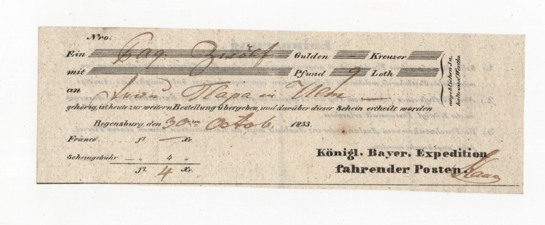 Beleg königlich bayerische Expedition fahrender Posten 1833 Regensburg 