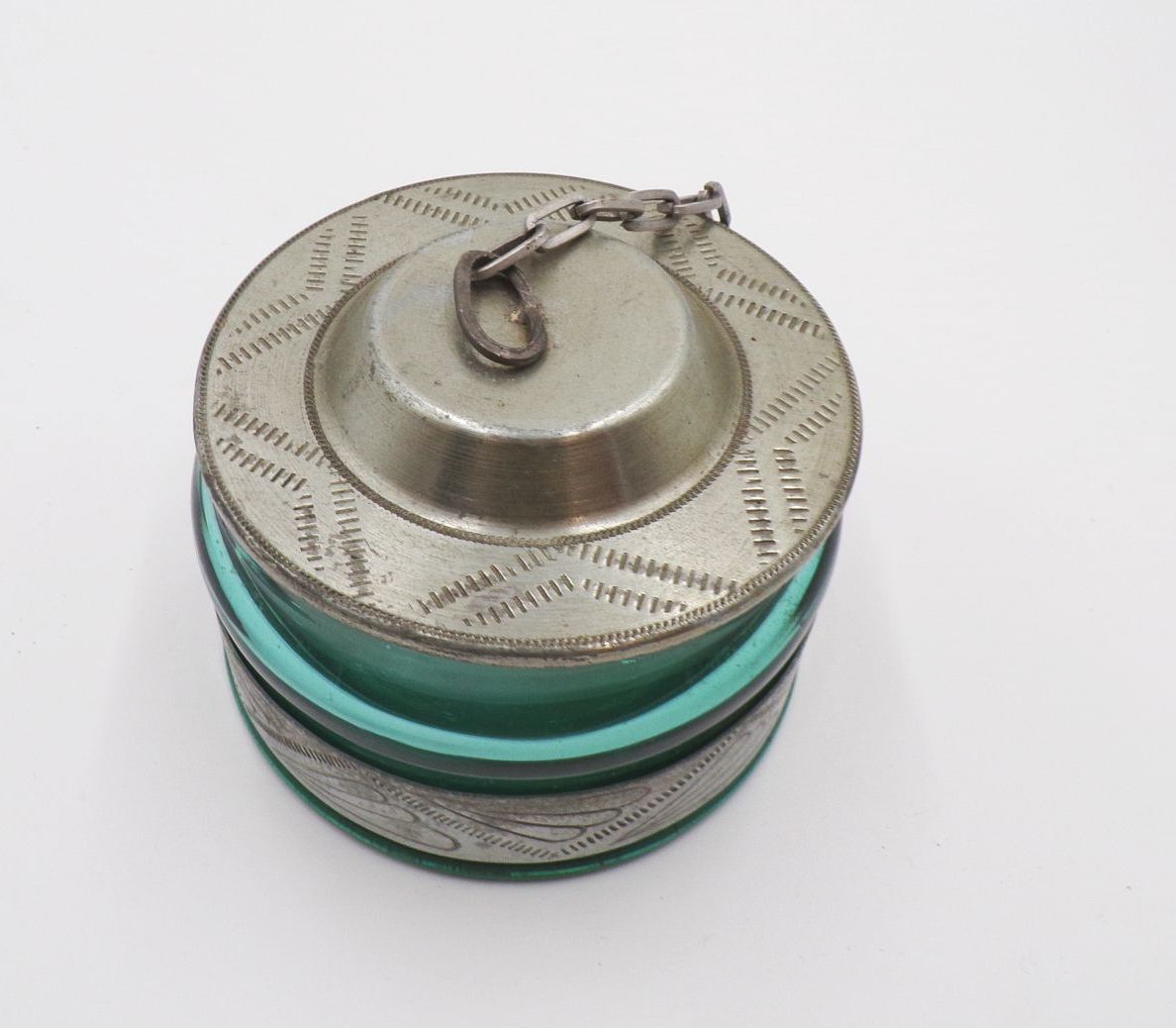 Altes Glas mit Metalldeckel Kette Grün Antik Behälter Vorratsgefäß 