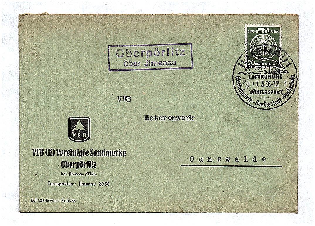 Oberpörlitz über Jimenau VEB Motorenwerk 1956 Briefkuvert DDR