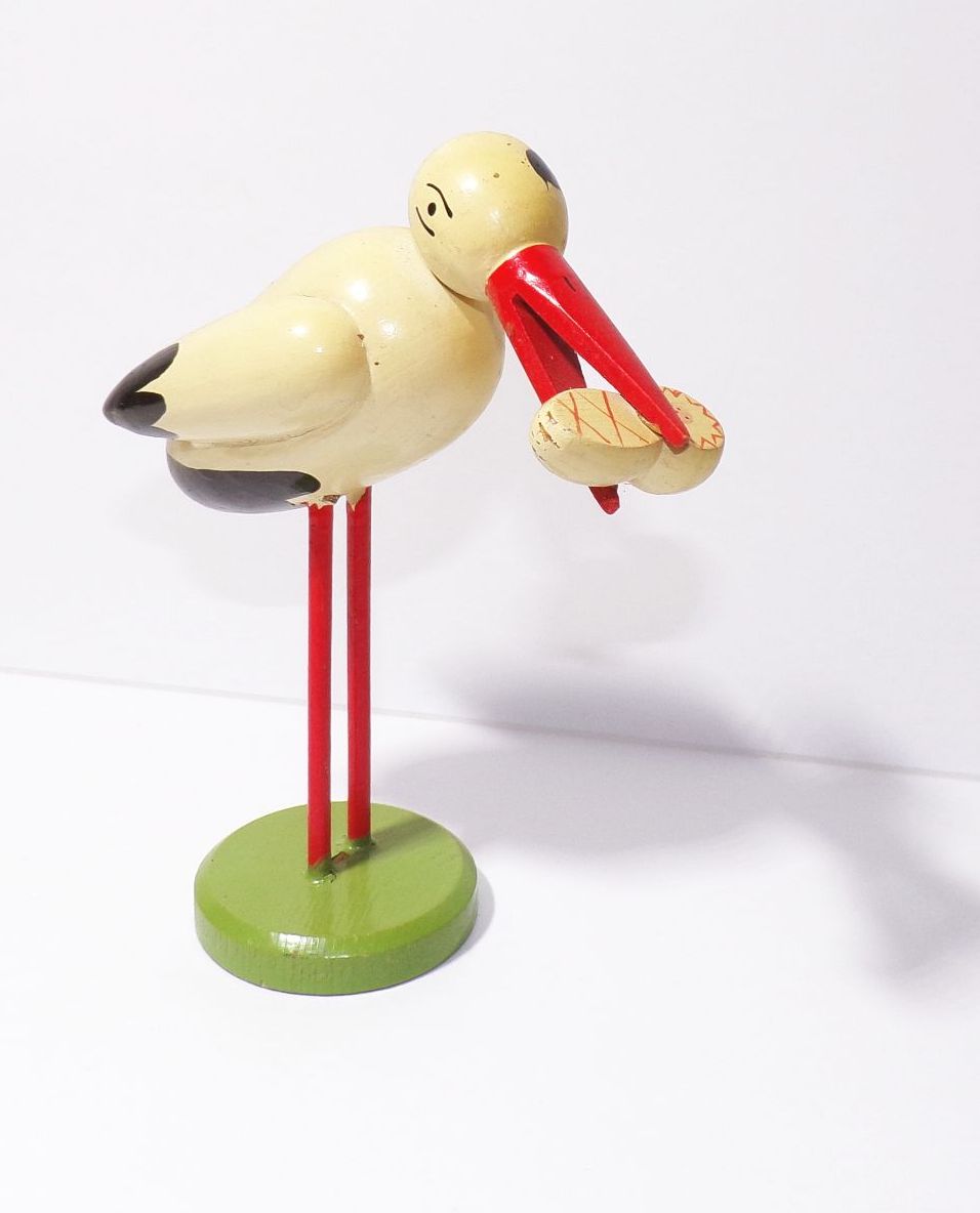 Alter Erzgebirge Klapperstorch Figur Storch Baby 