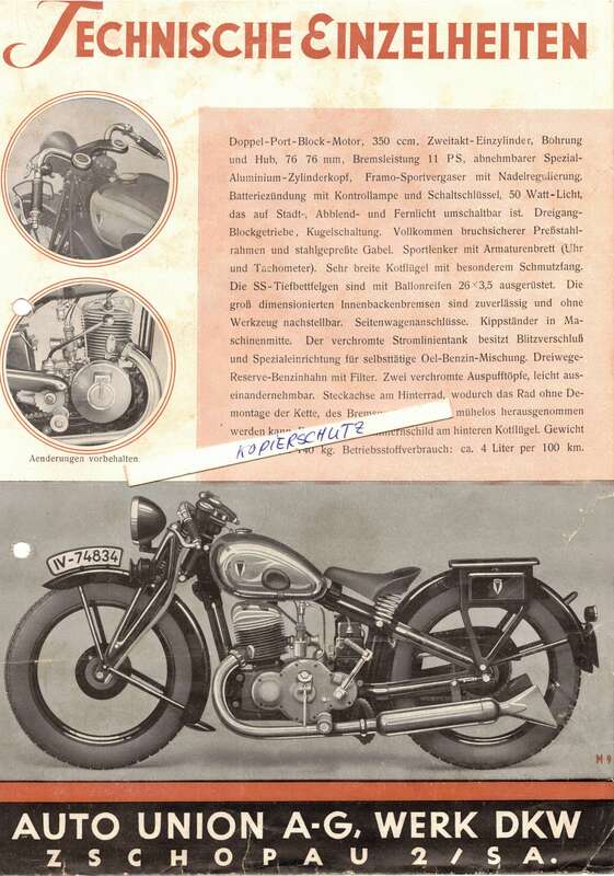 Altes Werbeblatt Autounion DKW Sport 350 Motorrad Oldtimer 1930er Print Sammler Vintage