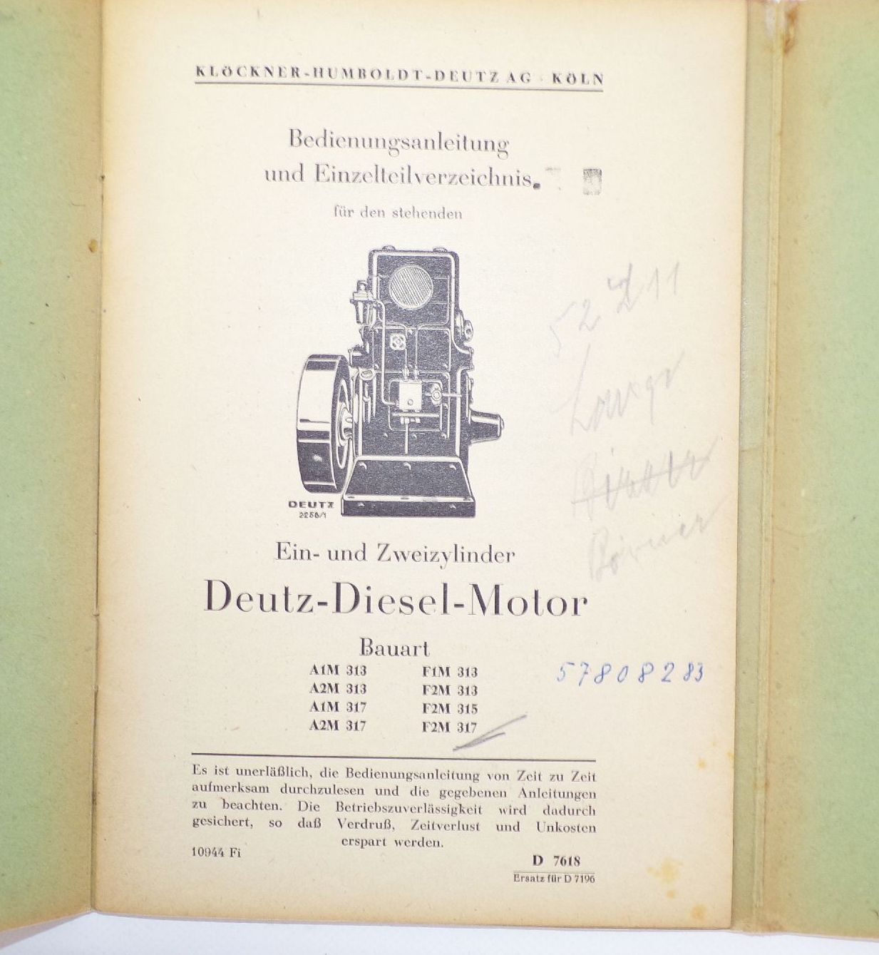 Klöckner Humboldt Deutz AG Köln Deutz Dieselmotor Bedienungsanleitung 