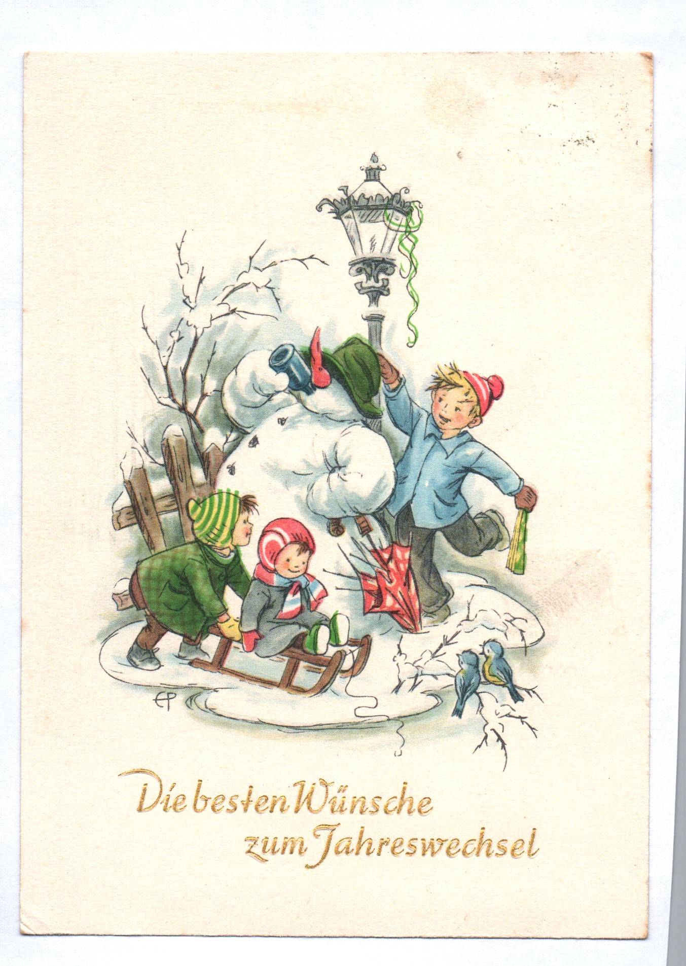 Künstler Ak Kinder mit Schneemann EP signiert Neujahr 1960 DDR