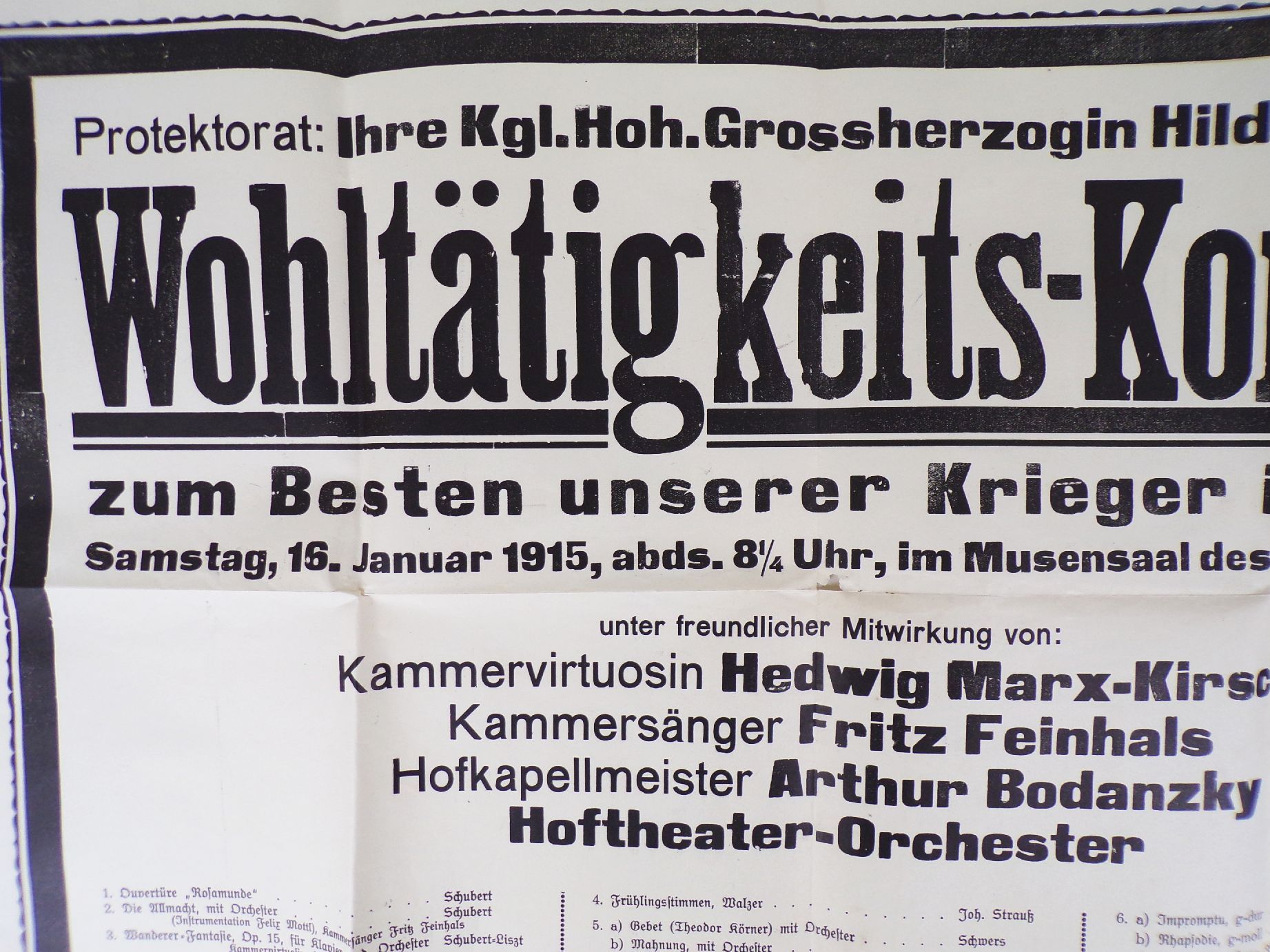 Plakat Wohltätigkeit Konzert Großherzogin Hilda von Baden 1915 WW1 Plakat Wohltätigkeit Konzert Großherzogin Hilda von Baden 1915 WW1