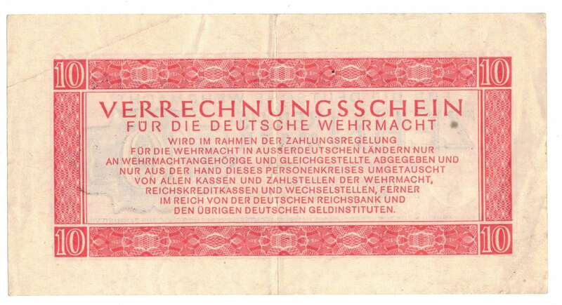 Geldschein Verrechnungsschein für die Wehrmacht 10 Reichsmark 1944 !
