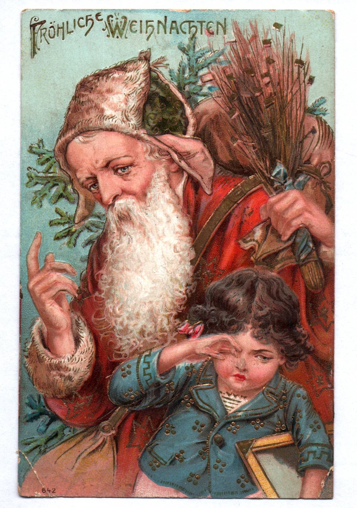 Präge Ak Weihnachtsmann Rute weinender Bube Fröhliche Weihnachten Präge Ak Weihnachtsmann Rute weinender Bube Fröhliche Weihnachten