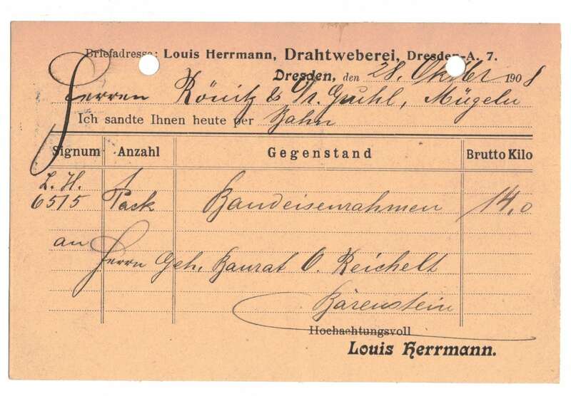 Postkarte Louis Herrmann Dresden kgl Hoflieferant Eisenmöbel Drahtweberei 1903 Gartenmöbel