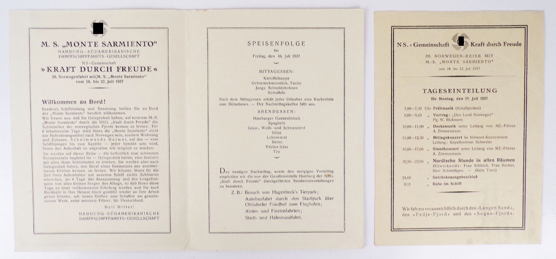 Speisekarten und Programm Kraft durch Freude 1937 Monte Sarmiento KdF Norwegen Speisekarten und Programm Kraft durch Freude 1937 Monte Sarmiento KdF Norwegen