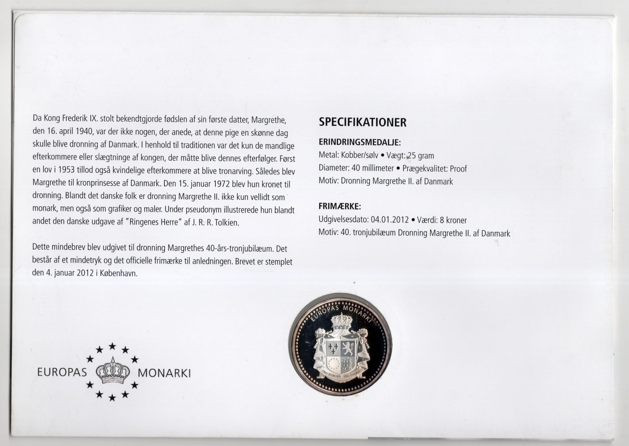 Numisbrief 40 Thronjubiläum Margrethe von Dänemark 2012