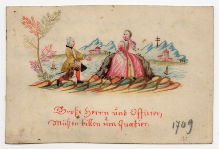 Stammbuch Bild handgemalt 1749 Offizier bitten um Quartier Liebe 