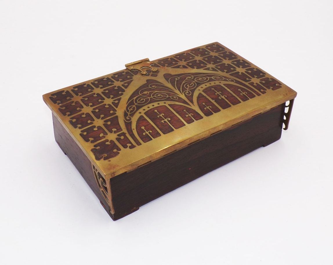 Jugendstil Erhard u Söhne Schatulle Messing Einlage Palisander Dose