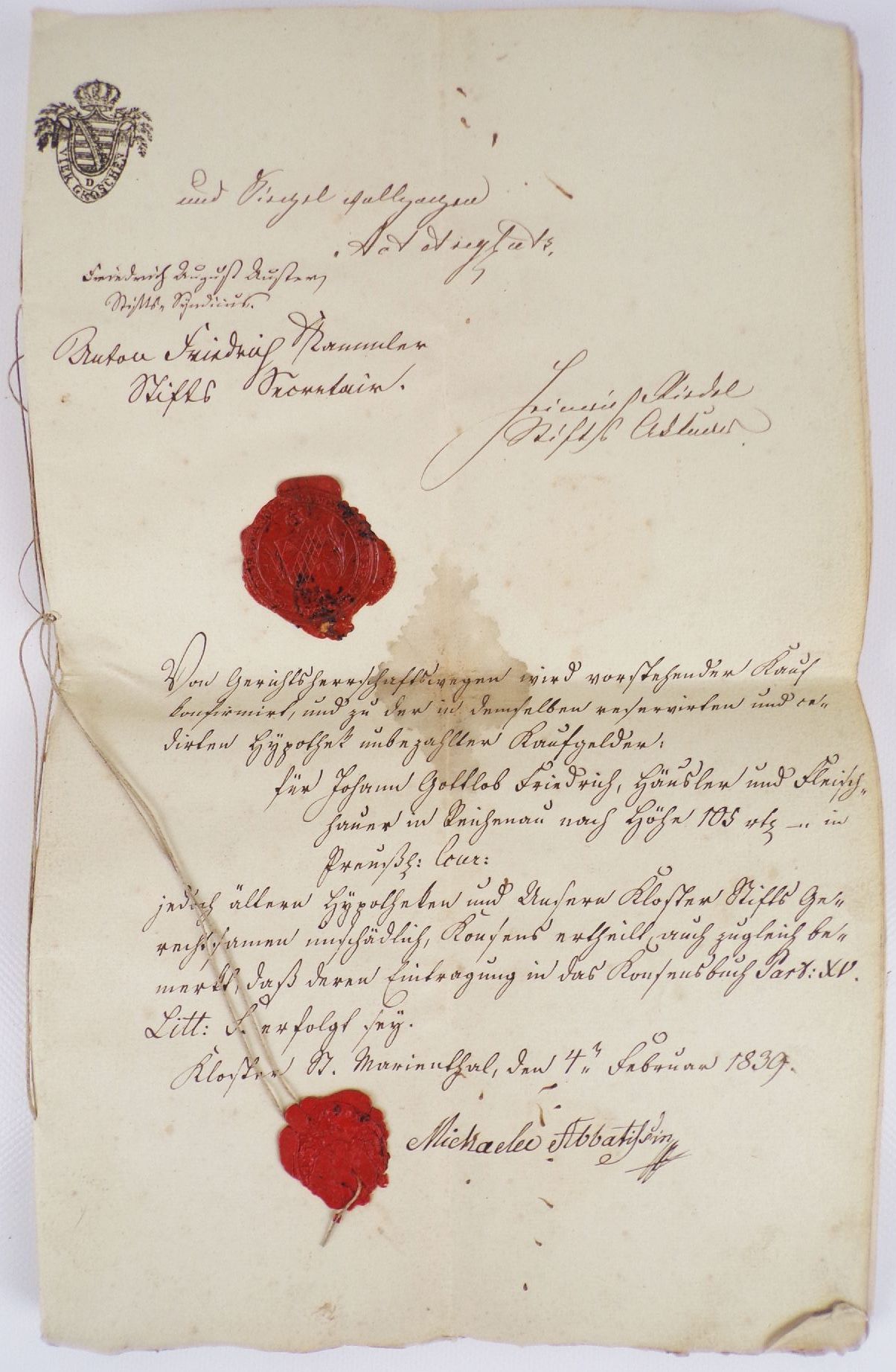 Schriftstücke St Marienthal 1839 Büttenpapier Wachssiegel Schriftstücke St Marienthal 1839 Büttenpapier Wachssiegel