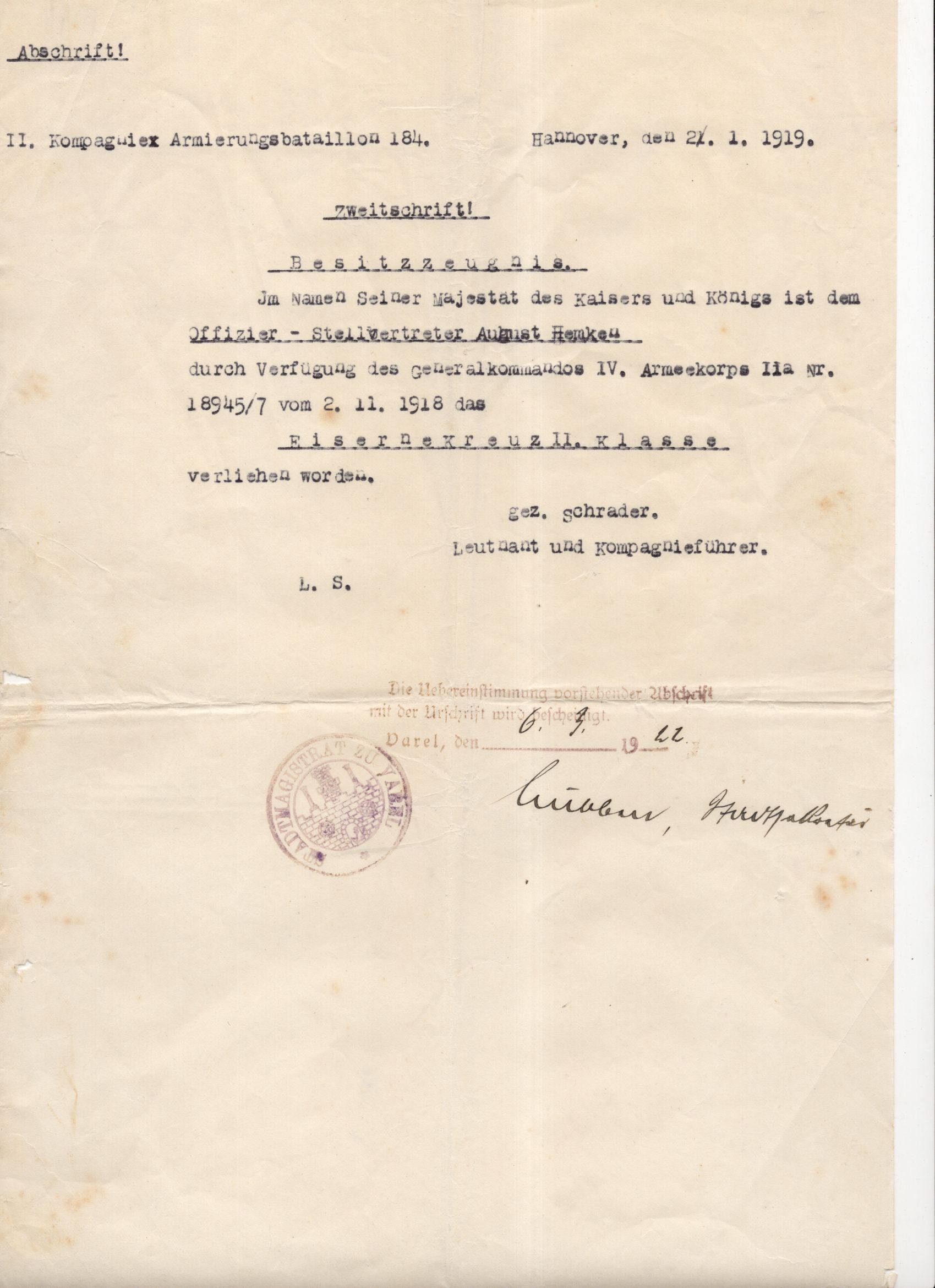 Abschriften Urkunde 1 Wk Armierungsbataillon 184 Hannover 1919 Varel Abschriften Urkunde 1 Wk Armierungsbataillon 184 Hannover 1919 Varel