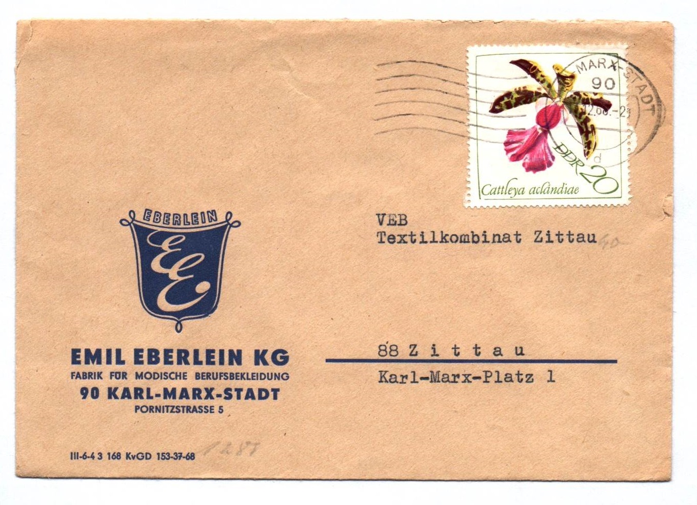 Brief 1968 DDR Emil Eberlin KG Fabrik modische Berufsbekleidung Karl Marx Stadt