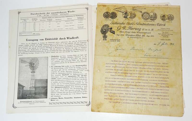 Dokumente Herzog Stahlwindturbine Athelt Windkraftrad 1921 Energie Dresden Windmotor