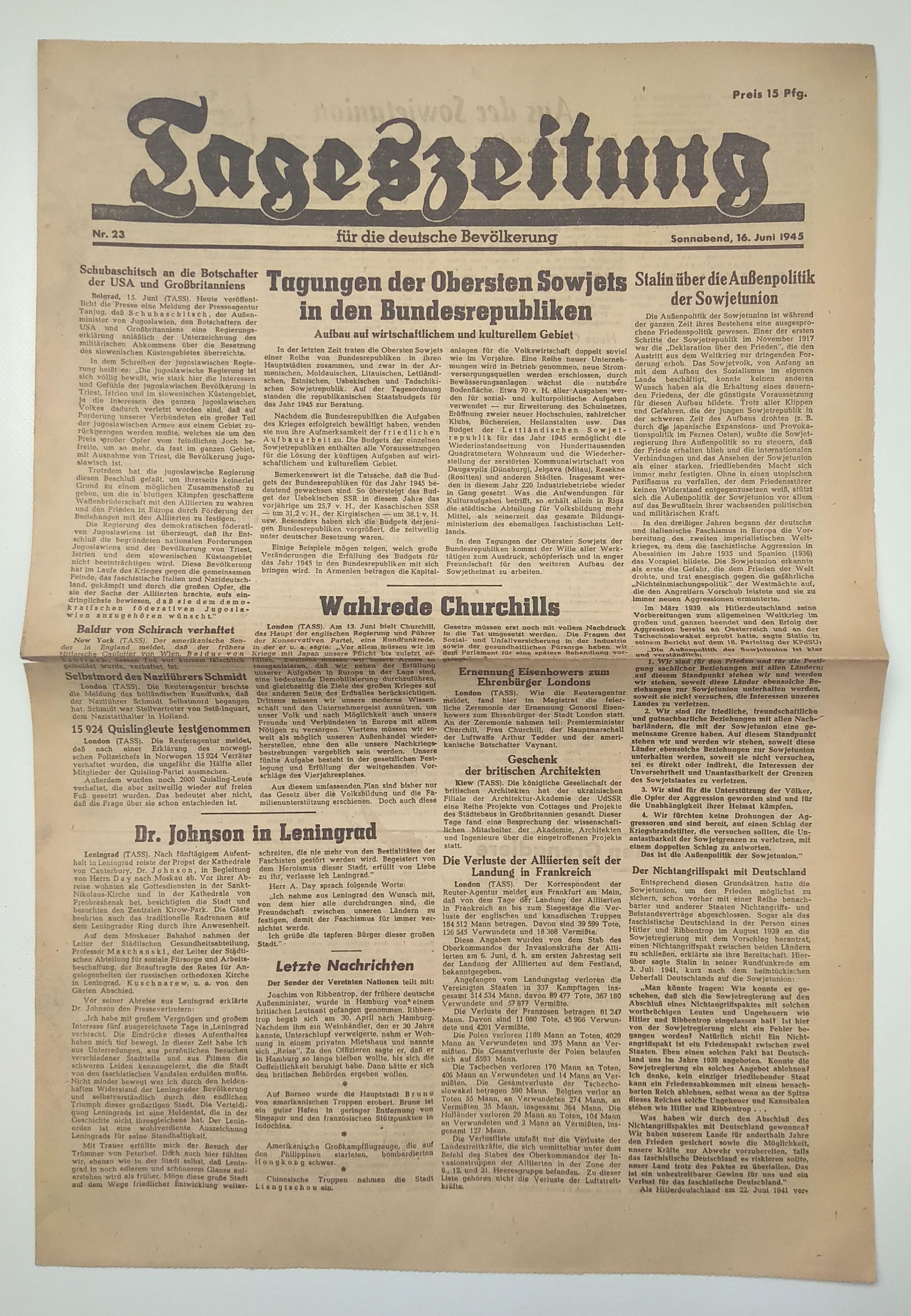 Tageszeitung Sowjets in den Bundesrepubliken 1945 Nr 23