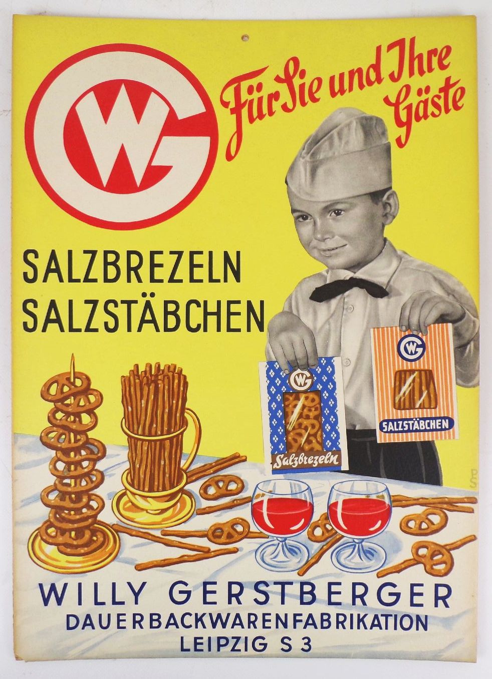 Altes Pappschild Willy Gerstberger Backwaren Leipzig Salzbrezel Salzstangen 
