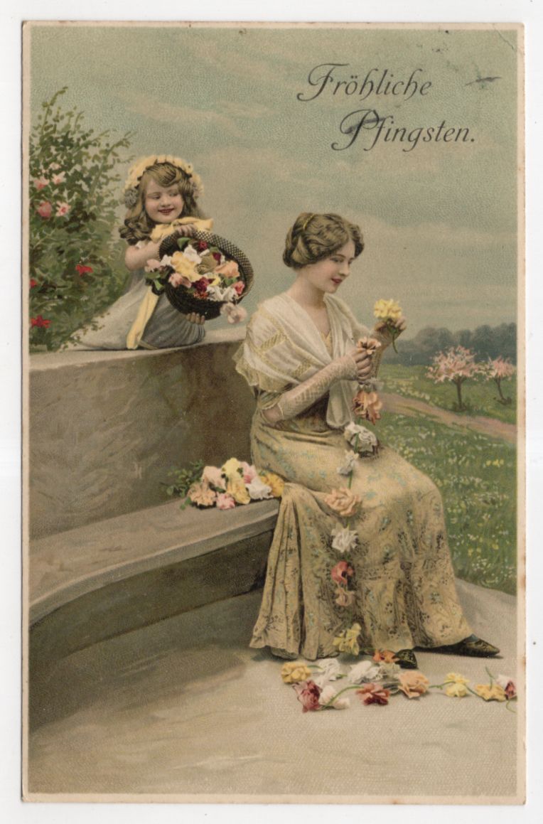 Ak Mutter und Tochter mit Blumen Fröhliche Pfingsten 1908