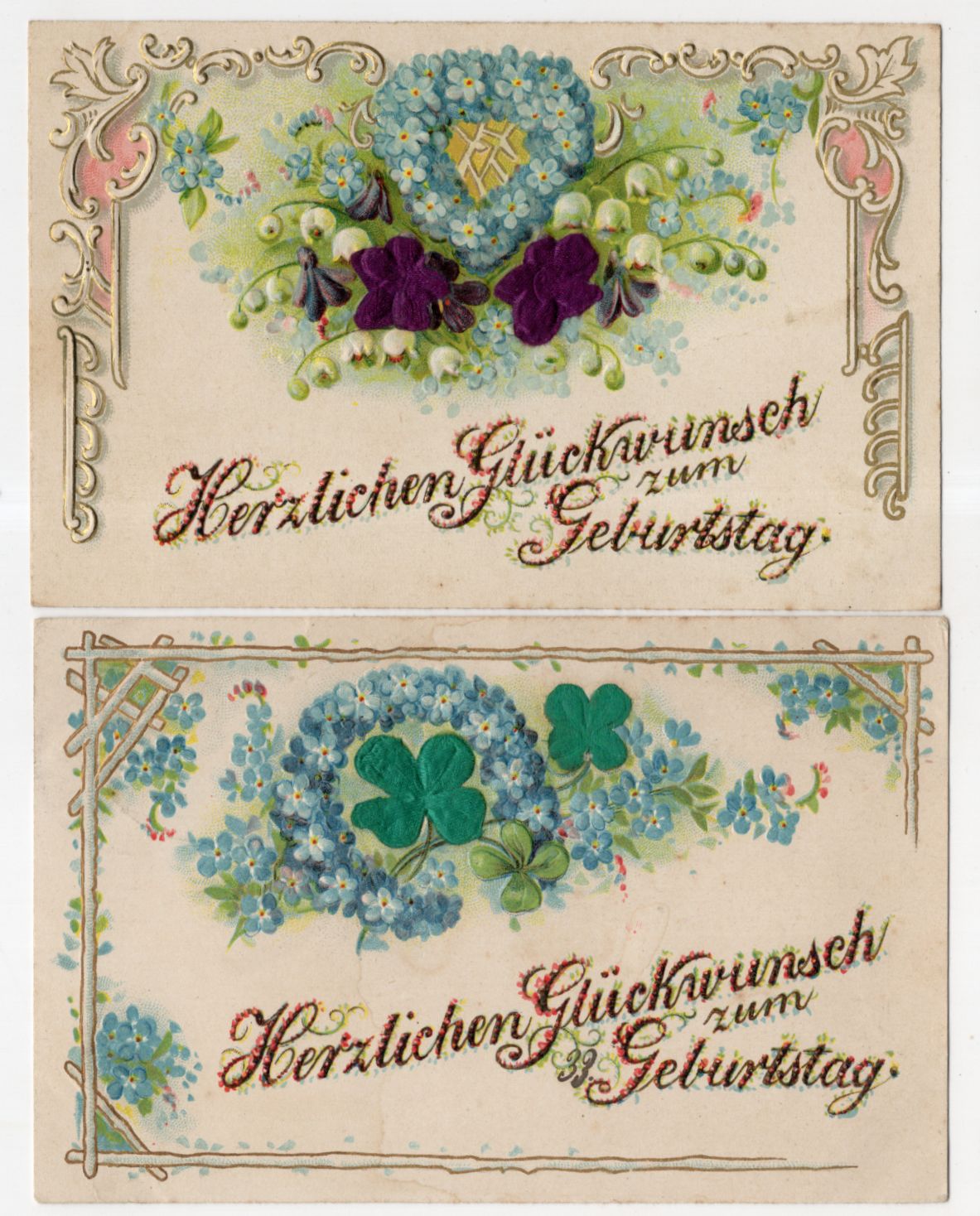 2 x Präge Ak Herzlichen Glückwunsch zum Geburtstag Seide geprägt 