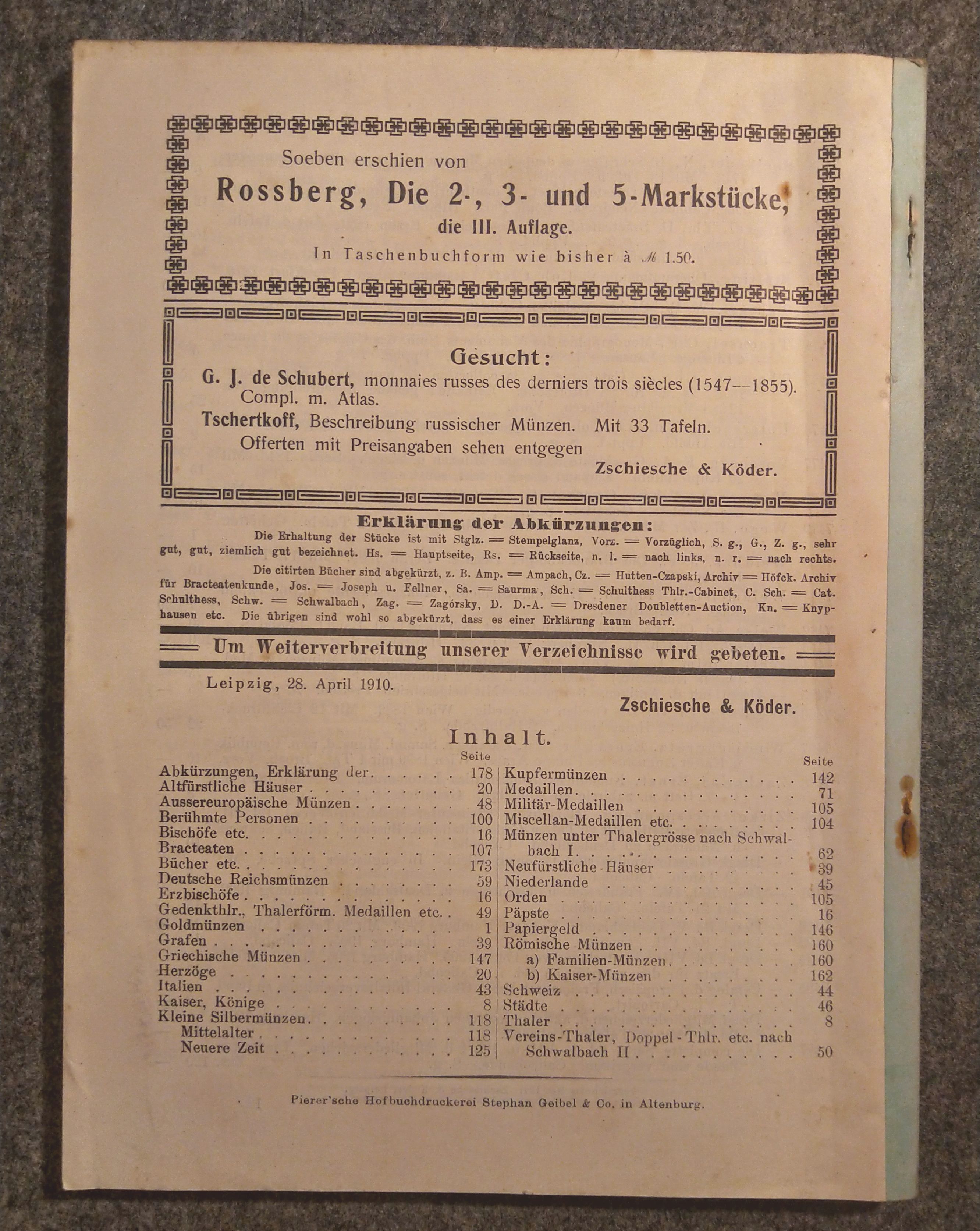 Auktion Katalog Verzeichnis verkäuflicher Münzen und Medaillen 1910 Auktion Katalog Verzeichnis verkäuflicher Münzen und Medaillen 1910