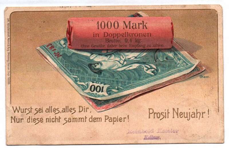 Ansichtskarte Geldrolle Geldschein geprägt Prosit Neujahr 1901