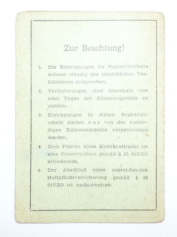 Registrierschein für Kleinkrafträder Simson KR50 