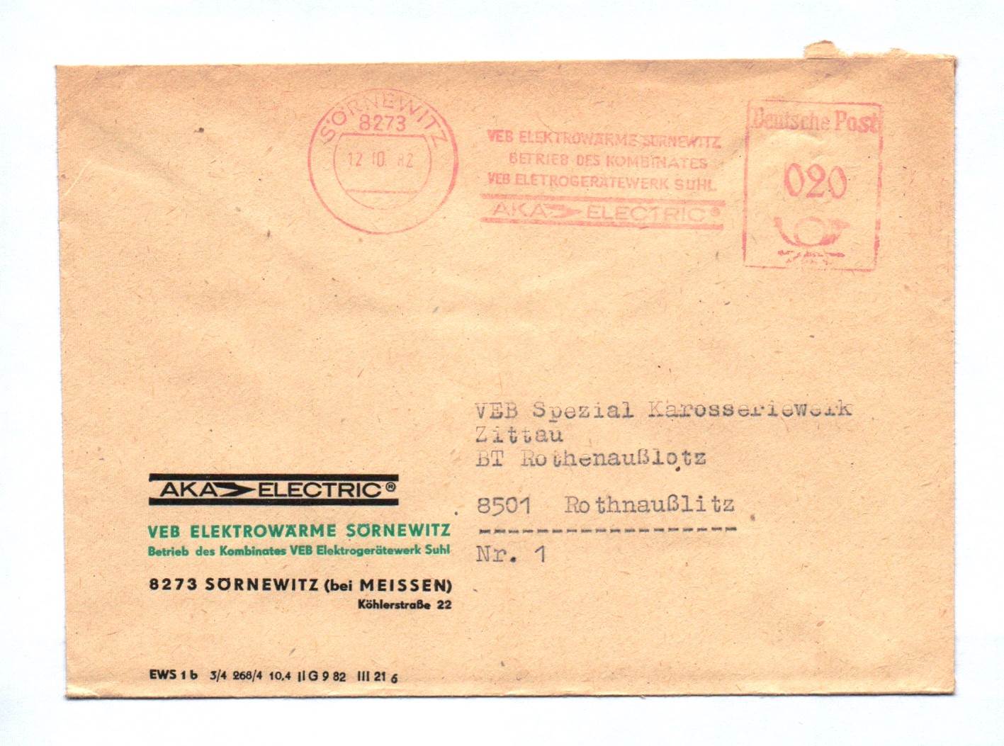 Brief 1982 AKA Electric VEB Elektrowärme Sörnewitz DDR bei Meissen Brief 1982 AKA Electric VEB Elektrowärme Sörnewitz DDR bei Meissen