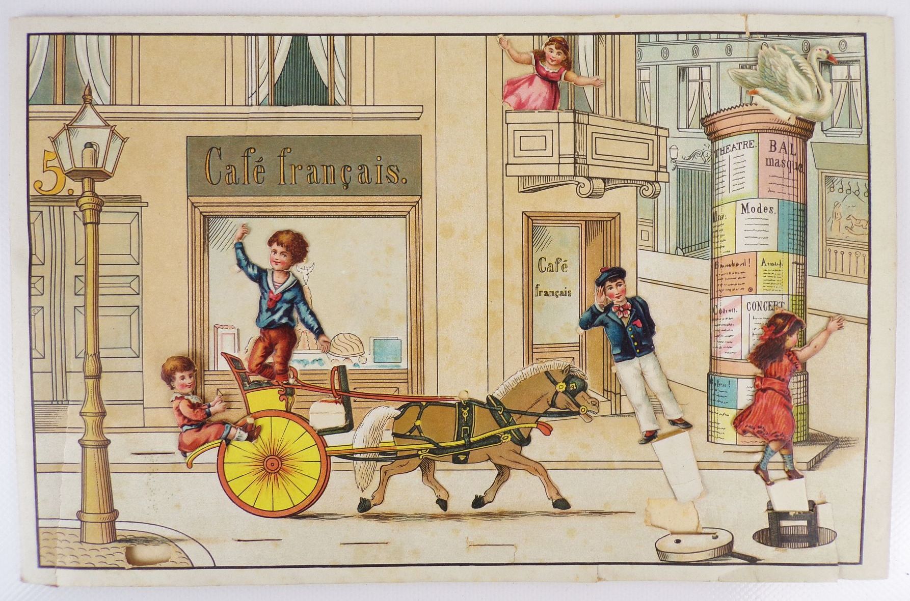 Des Kindes liebstes Spiel um 1890 Litho Steckbilder oder bewegte Bilder 