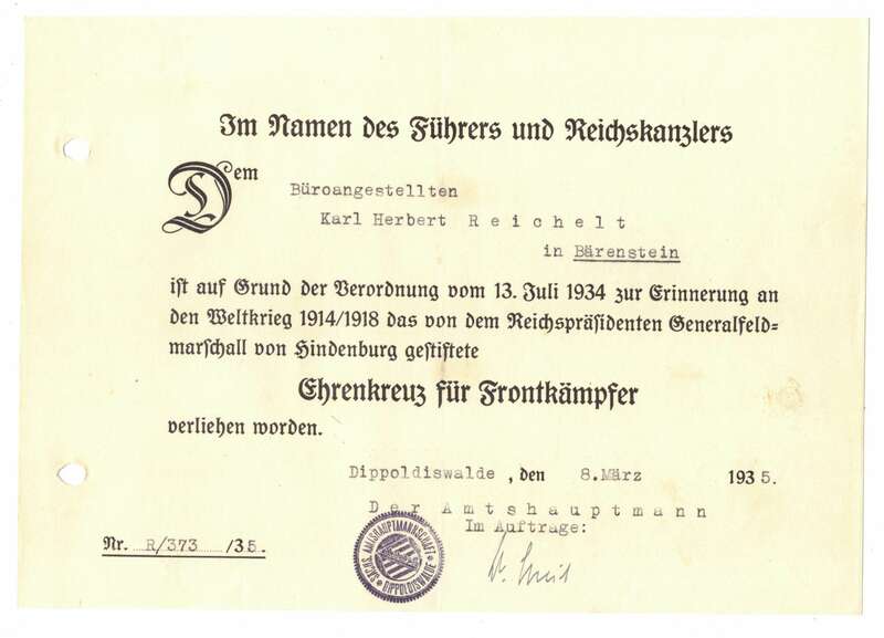 Urkunde Ehrenkreuz für Frontkämpfer 1935 Dippoldiswalde 