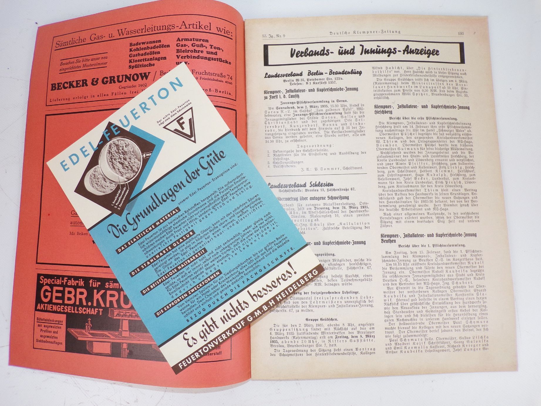 Deutsche Klempner Zeitung Installateur Anzeigen Reklame um 1938