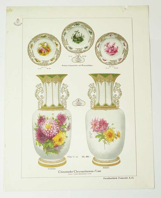 Druck Porzellan Fraureuth Chinesische Chrysanthemen Vase Muster Print Vintage