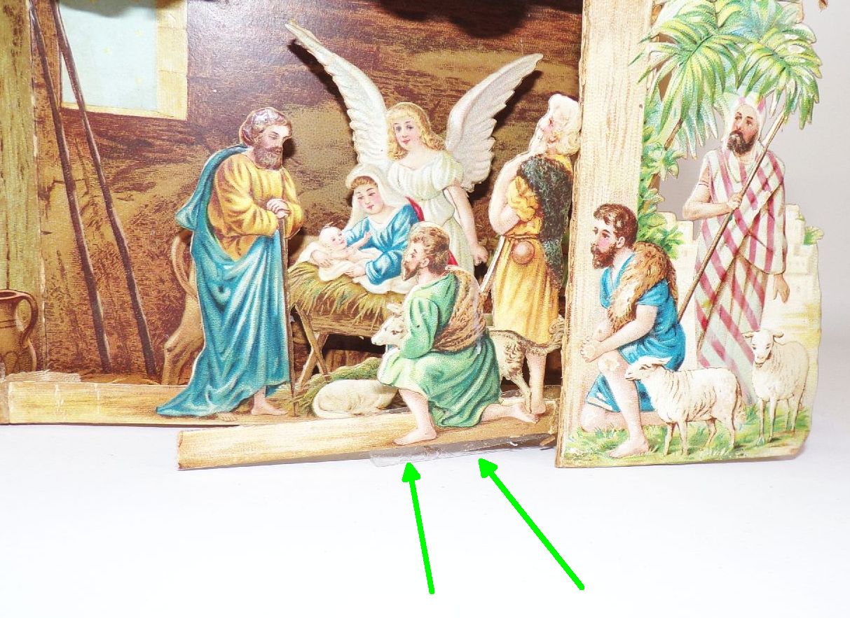 Alte Weihnachtskrippe kleine Aufstellkrippe aus Papier 3 D Weihnachtsschmuck 