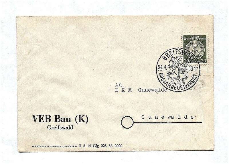 DDR Briefkuvert 1956 VEB Bau K Greifswald Brief