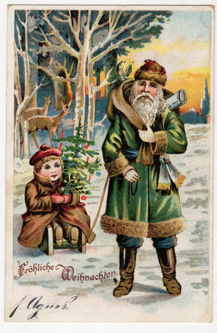 Litho Ak Weihnachtsmann grüner Mantel mit Kind Weihnachtsbaum 1906