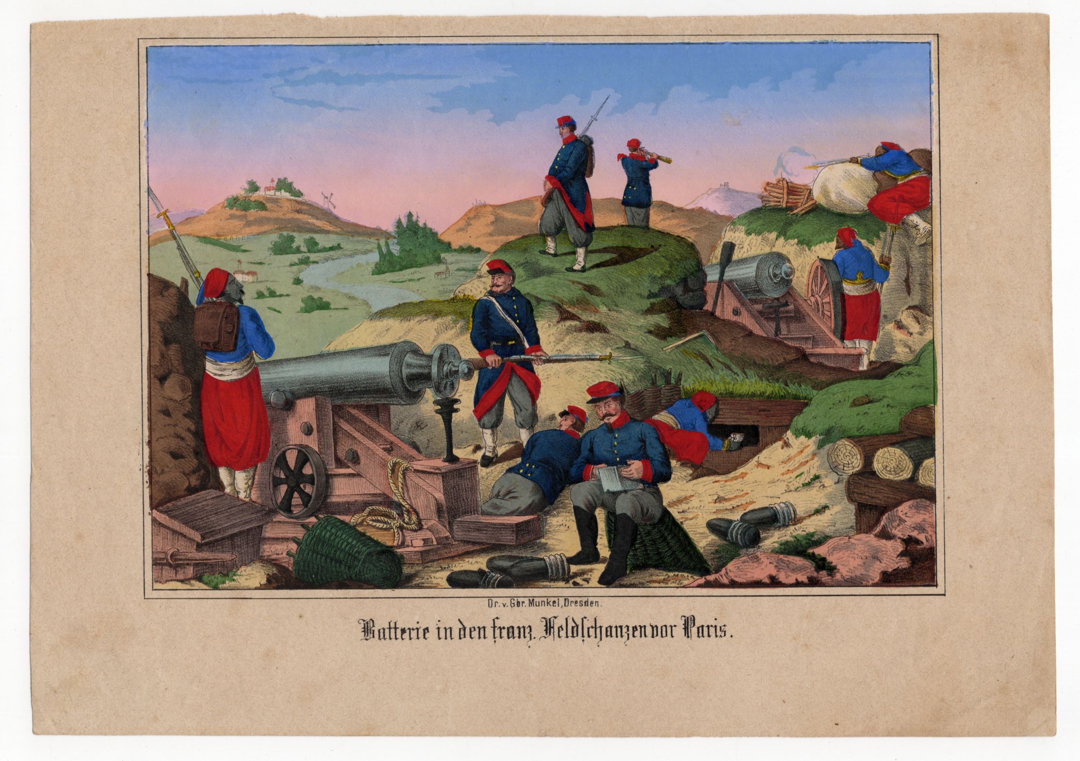 Alte Lithografie Batterie in den französischen Feldschanzen vor Paris um 1870
