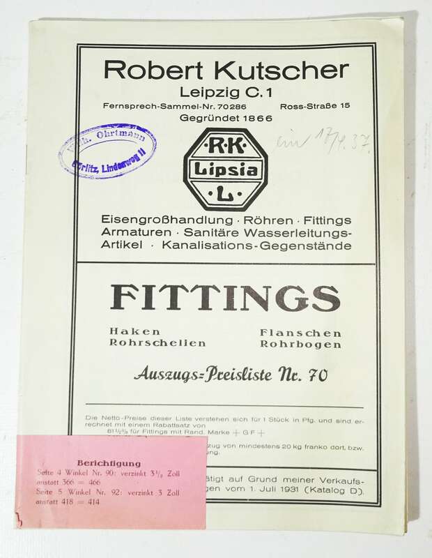 Preisliste Robert Kutscher Leipzig Fittings Sanitär Bad Klempner Installateur 1937 